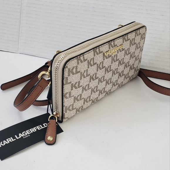 Karl Lagerfeld Monogram Brown Leather Wristlet Taupe Women's Crossbody - Picture 8 of 13